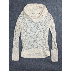 Lilka Anthropologie Sweater Women's S Ivory Sheer Lace Cowl Neck Long Sleeve
